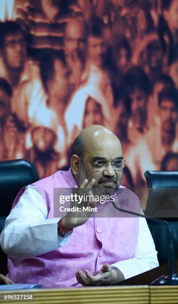 Amit Shah addressing the media on completion of three years of NDA govt in the centre .