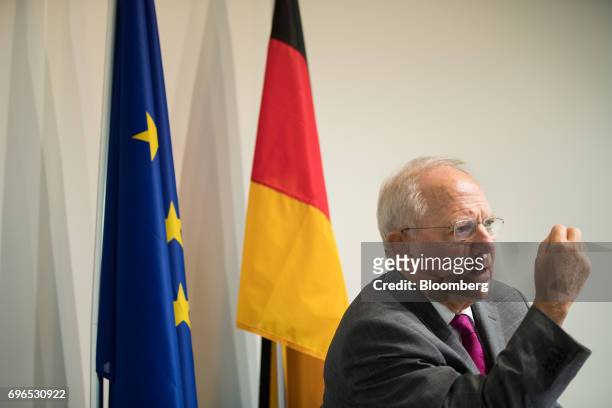 Wolfgang Schaeuble, Germany's finance minister, gestures while speaking during a news conference at an Ecofin meeting of European Union finance...