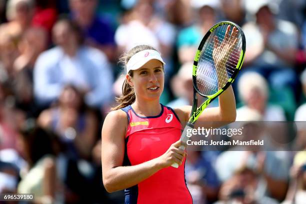 Johanna Konta of Great Britain celebrates victory in her quarter-final match against Ashleigh Barty of Australia during day five of the Aegon Open...