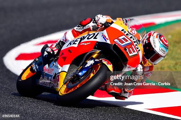 Marc Marquez of Repsol Honda Team, riding through a curve during the Free Practice 3, Moto GP of Catalunya at Circuit de Catalunya on June 10, 2017...