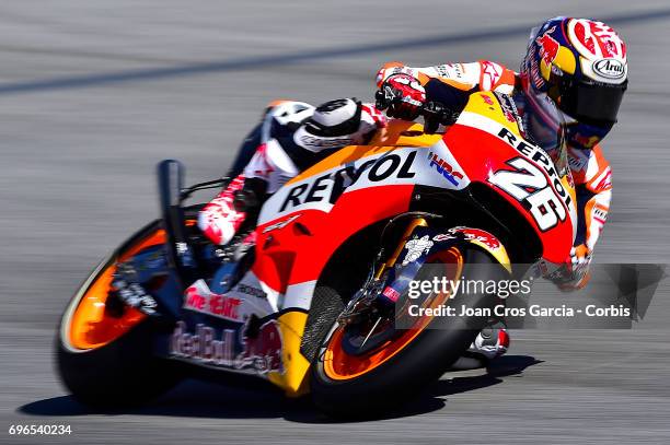 Dani Pedrosa of Repsol Honda Team, riding his bike during the Free Practice 3, Moto GP of Catalunya at Circuit de Catalunya on June 10, 2017 in...