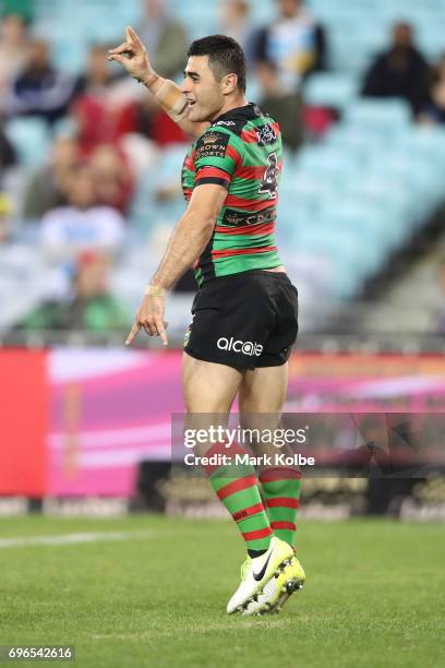 Bryson Goodwin of the Rabbitohs celebrates scoring a try during the round 15 NRL match between the South Sydney Rabbitohs and the Gold Coast Titans...