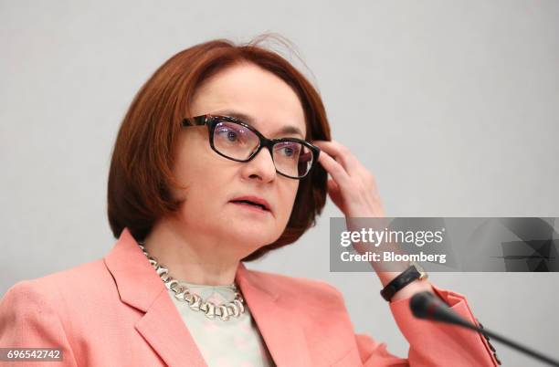 Elvira Nabiullina, Russia's central bank governor, speaks during a news conference to announce interest rates in Moscow, Russia, on Friday, June 16,...