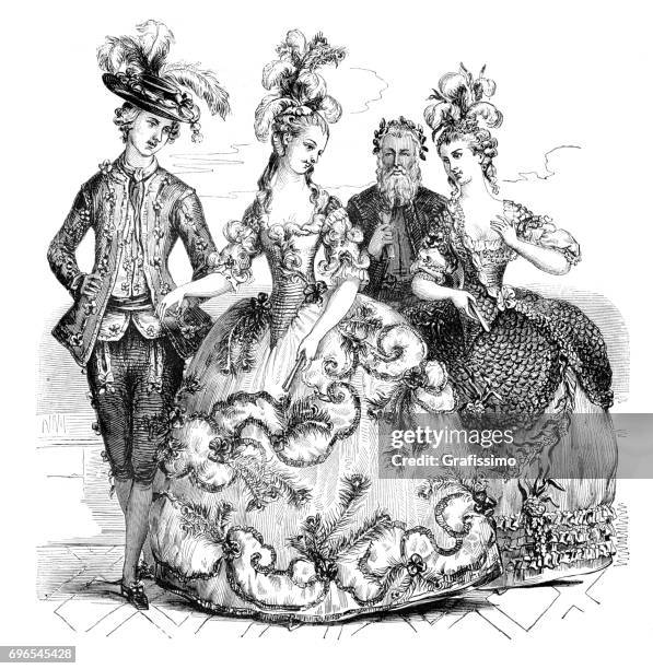 people going to opera in traditional costumes marie antoinette 1785 - socialite stock illustrations