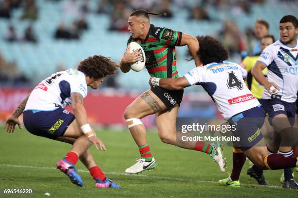 Tyrell Fuimaono of the Rabbitohs runs the ball during the round 15 NRL match between the South Sydney Rabbitohs and the Gold Coast Titans at ANZ...