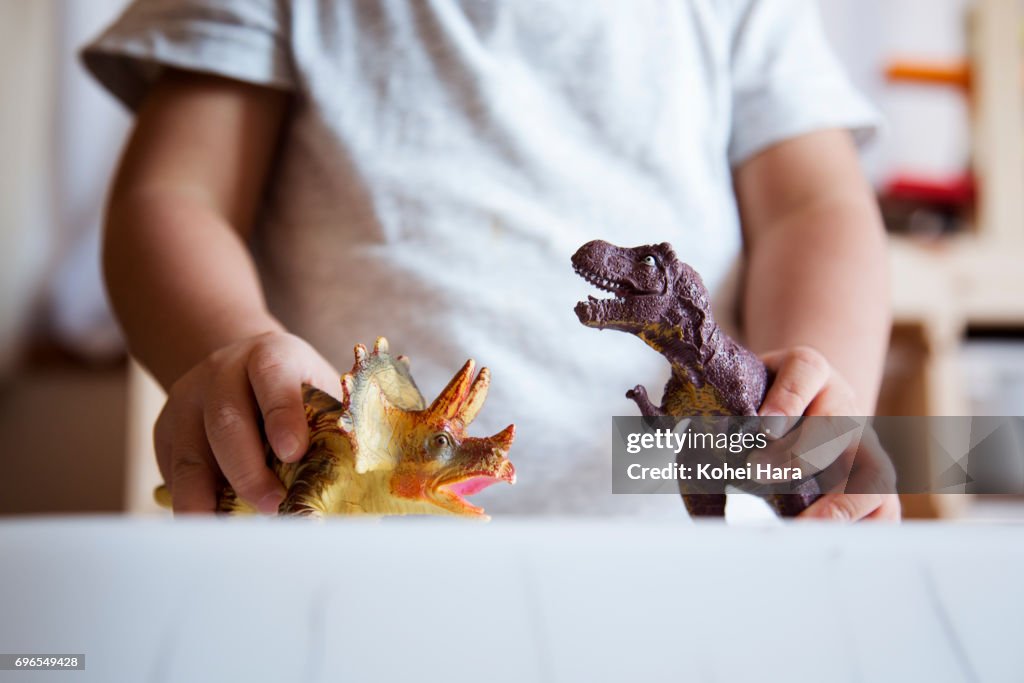 Hands of boy playing with miniature scale dinosaurs