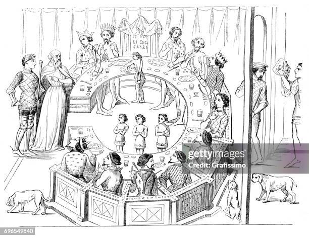 knights of the round table with king arthur 12th century - round table stock illustrations