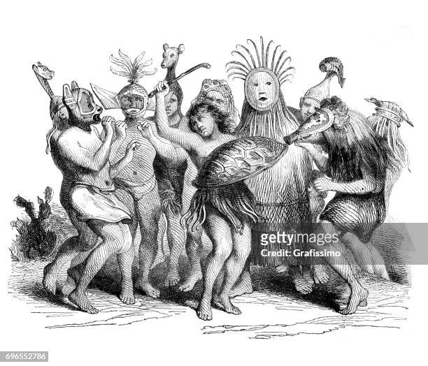 native indigenes of the para province in brazil dancing with masks - ceremonial dancing stock illustrations