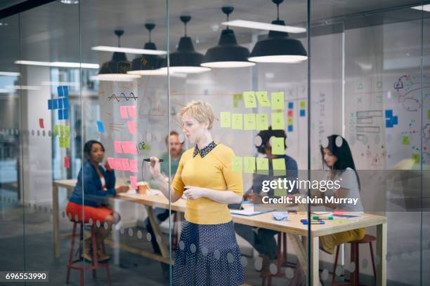 work colleagues brainstorming in creative office - meeting schreiben stock-fotos und bilder