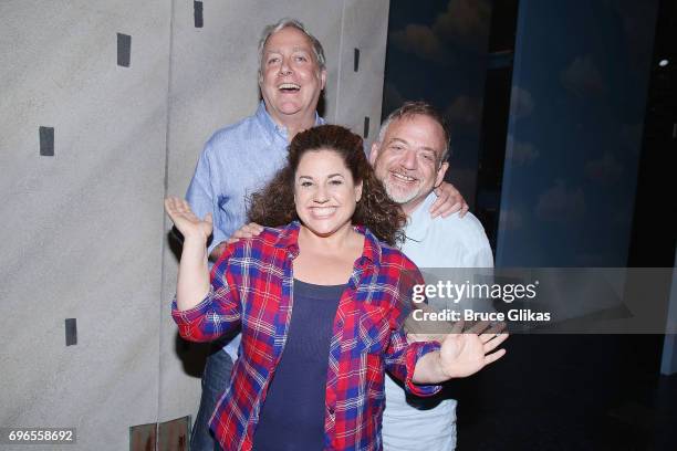 Scott Wittman, Marissa Jaret Winokur and Marc Shaiman pose backstage at the hit musical "Charlie and The Chocolate Factory" on Broadway at The Lunt...