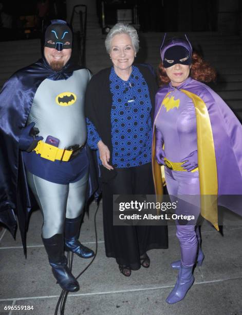 Actress Lee Meriwether with Batman and Batgirl attend the Los Angeles Tribute To Adam West held at Los Angeles City Hall on June 15, 2017 in Los...