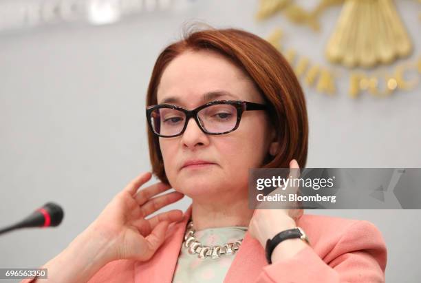 Elvira Nabiullina, Russia's central bank governor, pauses during a news conference to announce interest rates in Moscow, Russia, on Friday, June 16,...