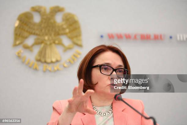 Elvira Nabiullina, Russia's central bank governor, gestures as she speaks during a news conference to announce interest rates in Moscow, Russia, on...