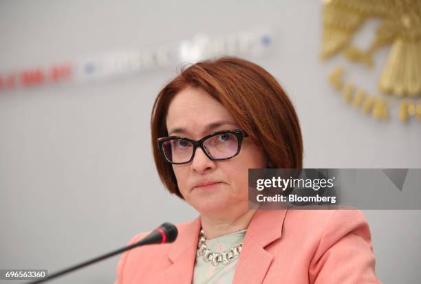 Elvira Nabiullina, Russia's central bank governor, pauses during a news conference to announce interest rates in Moscow, Russia, on Friday, June 16,...