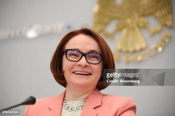 Elvira Nabiullina, Russia's central bank governor, reacts during a news conference to announce interest rates in Moscow, Russia, on Friday, June 16,...