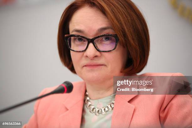 Elvira Nabiullina, Russia's central bank governor, pauses during a news conference to announce interest rates in Moscow, Russia, on Friday, June 16,...