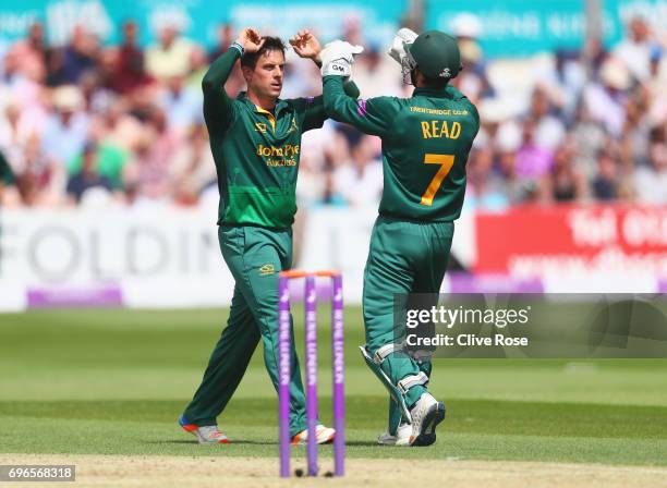 Steven Mullaney of Nottinghamshire celebrates the wicket of Varun Chopra of Essex, caught by Chris Read during the Royal London One-Day Cup Semi...