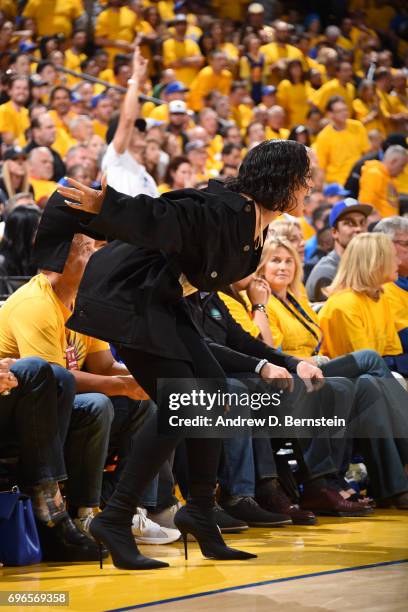 Singer, Rihanna reacts to a call in Game One of the 2017 NBA Finals between the Cleveland Cavaliers and the Golden State Warriors on June 1, 2017 at...