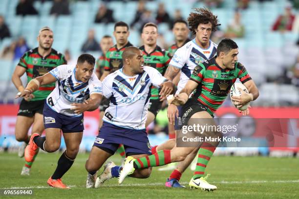 Bryson Goodwin of the Rabbitohs breaks away to score a try during the round 15 NRL match between the South Sydney Rabbitohs and the Gold Coast Titans...