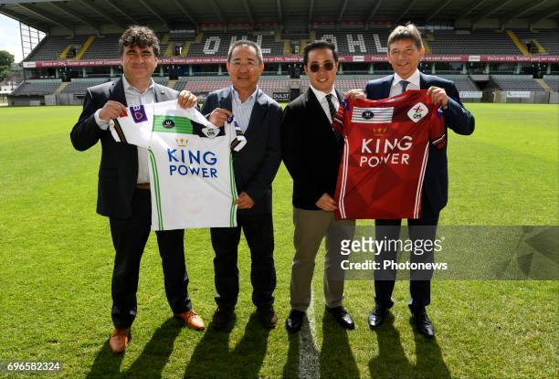 Aiyawatt Srivaddhanaprabha and his father Vichai and Paul Vanderschueren of OHL Chris Vandenbroeck pictured during press conference of King Power...
