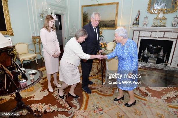 Queen Elizabeth II meets Milos Zeman, President of the Czech Republic, accompanied by his wife Ivana and daughter Katerina during a private audience...