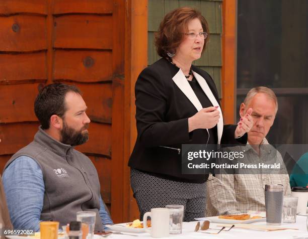 Gail Fanjoy, former president of the Katahdin Area Chamber of Commerce speaks at a breakfast with Interior Secretary Ryan Zinke at Twin Pines Lodge...