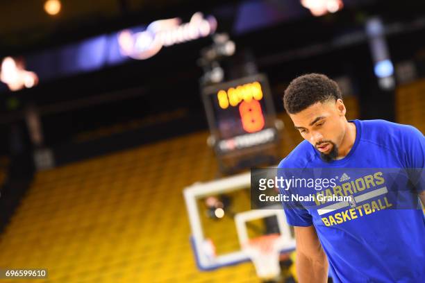 James Michael McAdoo of the Golden State Warriors warms up before Game Five of the 2017 NBA Finals against the Cleveland Cavaliers on June 12, 2017...