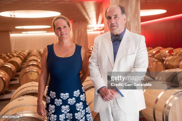 Winery owners Ariane de Rothschild and Pablo Alvarez Mezquiriz pose at the Macan Winery inauguration on June 16, 2017 in Alava, Spain.