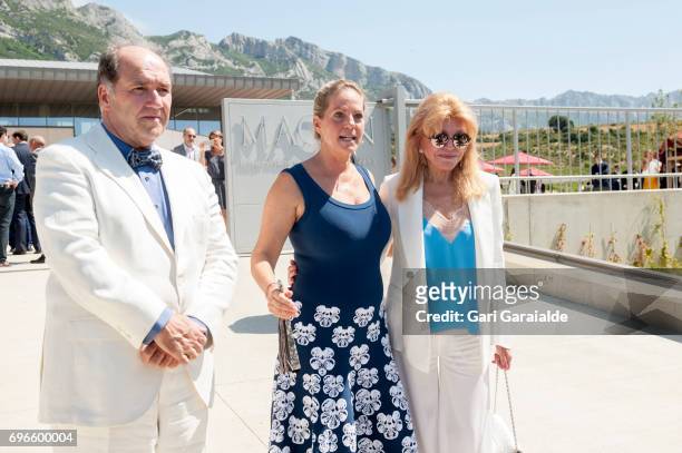Winery owners Ariane de Rothschild and Pablo Alvarez Mezquiriz , and Baroness Carmen Thyssen Bornemisza pose at the Macan Winery inauguration on June...