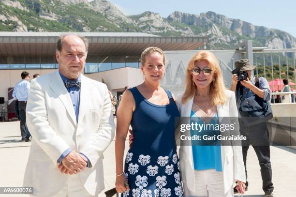 Winery owners Ariane de Rothschild and Pablo Alvarez Mezquiriz , and Baroness Carmen Thyssen Bornemisza pose at the Macan Winery inauguration on June...