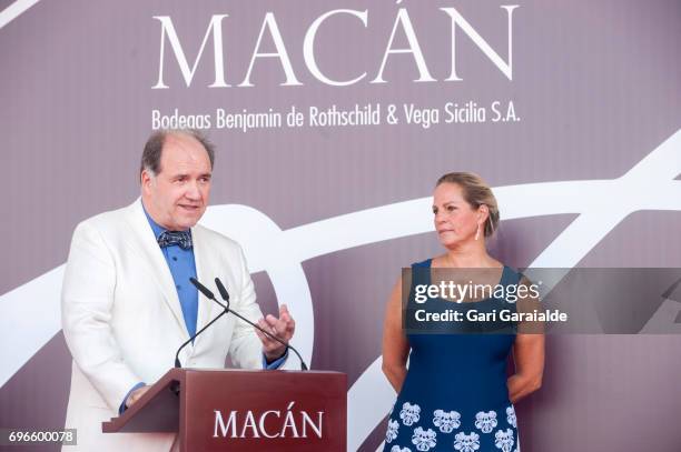 Winery owners Ariane de Rothschild and Pablo Alvarez Mezquiriz attend onstage Macan Winery inauguration on June 16, 2017 in Alava, Spain.