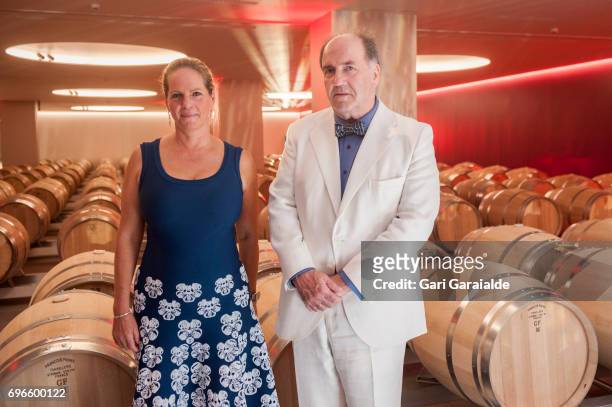 Winery owners Ariane de Rothschild and Pablo Alvarez Mezquiriz pose at the Macan Winery inauguration on June 16, 2017 in Alava, Spain.