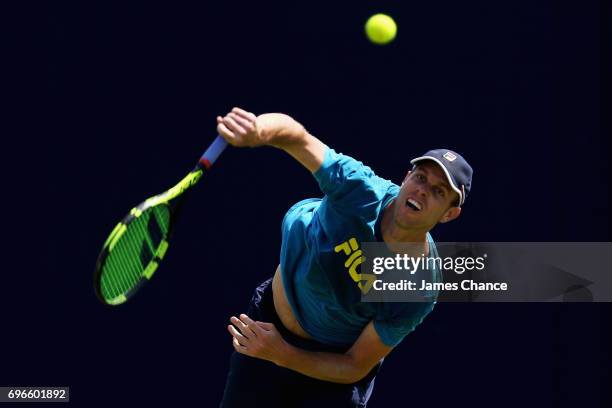 Sam Querrey of the United States serves during a practice session ahead of the Aegon Championships at Queens Club on June 16, 2017 in London, England.