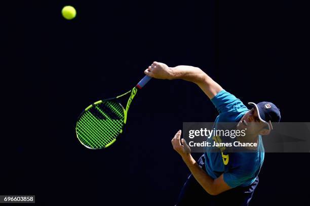 Sam Querrey of the United States serves during a practice session ahead of the Aegon Championships at Queens Club on June 16, 2017 in London, England.