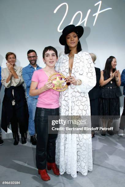 Singer Rihanna gives the price to the Winner of the "Young Fashion Designer" LVMH Prize 2017, Stylist Marine Serre during the "Young Fashion...