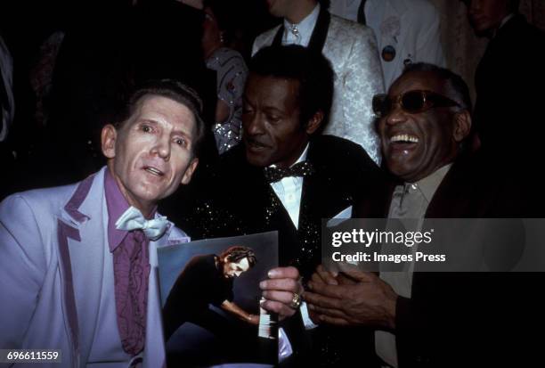 Jerry Lee Lewis, Chuck Berry and Ray Charles attend the 1986 Rock n Roll Hall of Fame Induction Ceremony circa 1986 in New York City.