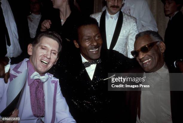 Jerry Lee Lewis, Chuck Berry and Ray Charles attend the 1986 Rock n Roll Hall of Fame Induction Ceremony circa 1986 in New York City.