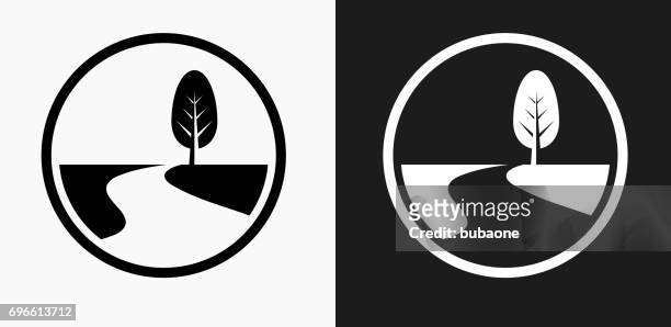 road path and tree icon on black and white vector backgrounds - footpath stock illustrations