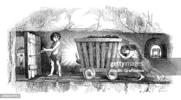 child labor children working in coal mine shaft england - child labour stock illustrations
