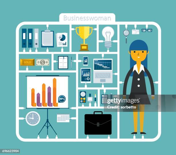business-tool-kits mit geschäftsfrau - geschäftsausstattung stock-grafiken, -clipart, -cartoons und -symbole