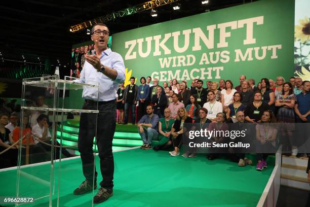 Cem Oezdemir, co-lead candidate of the German Greens Party in German federal elections scheduled for September, speaks to delegates on the first day...