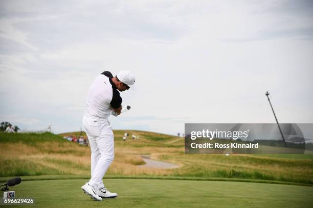 Paul Casey of England plays his shot from the 12th tee during the second round of the 2017 U.S. Open at Erin Hills on June 16, 2017 in Hartford,...