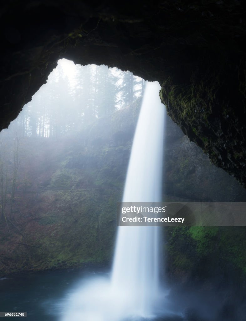 Waterfall from behind a cave, Silver Falls State Park, Oregon