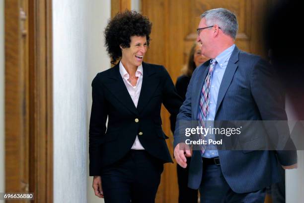 Accuser Andrea Constand departs the courtroom during the fifth day of deliberations in Bill Cosby's sexual assault trial at the Montgomery County...