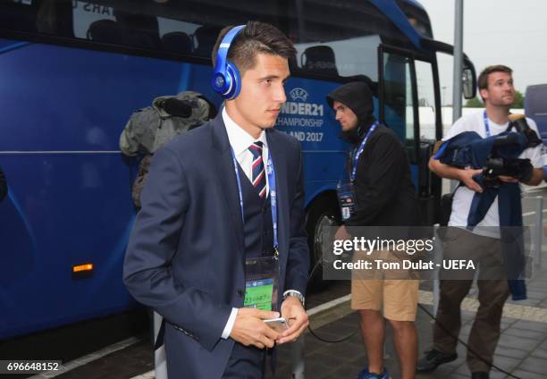 Bartosz Kapustka of Poland arrives prior to the UEFA European Under-21 Championship match between Poland and Slovakia at Lublin Stadium on June 16,...