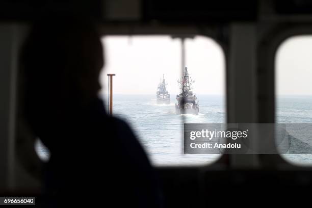 Navy ships are seen during a joint naval exercise between The U.S. And Qatar in Persian Gulf, Unspecified on June 16, 2017. After 12 billion dollars...