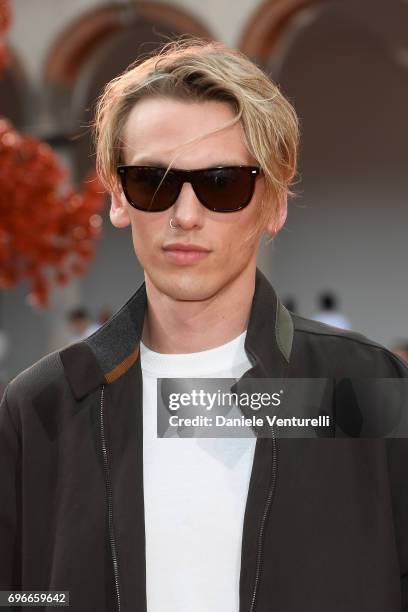 Jamie Campbell Bower attends the Ermenegildo Zegna show during Milan Men's Fashion Week Spring/Summer 2018 on June 16, 2017 in Milan, Italy.