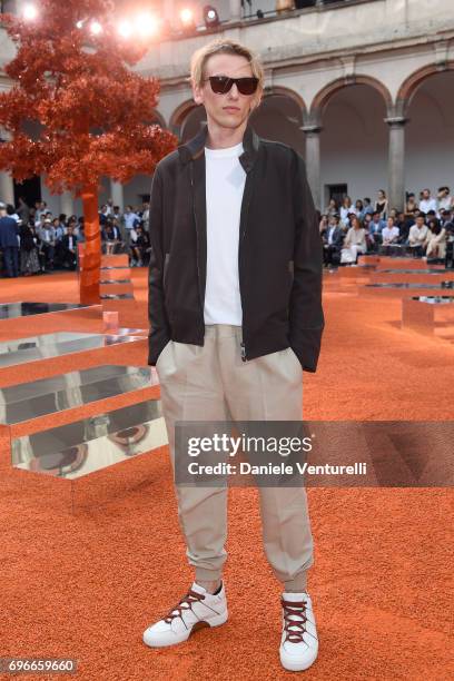 Jamie Campbell Bower attends the Ermenegildo Zegna show during Milan Men's Fashion Week Spring/Summer 2018 on June 16, 2017 in Milan, Italy.