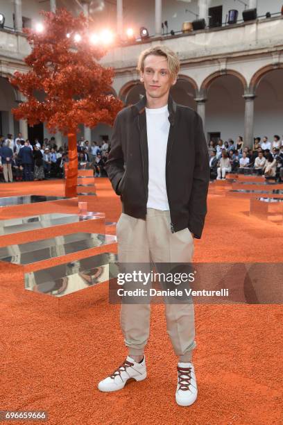 Jamie Campbell Bower attends the Ermenegildo Zegna show during Milan Men's Fashion Week Spring/Summer 2018 on June 16, 2017 in Milan, Italy.