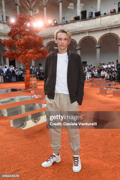 Jamie Campbell Bower attends the Ermenegildo Zegna show during Milan Men's Fashion Week Spring/Summer 2018 on June 16, 2017 in Milan, Italy.